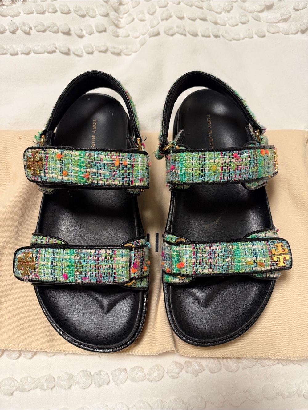 Tory Burch Multicolor Tweed Strap Sandals with Black Footbed